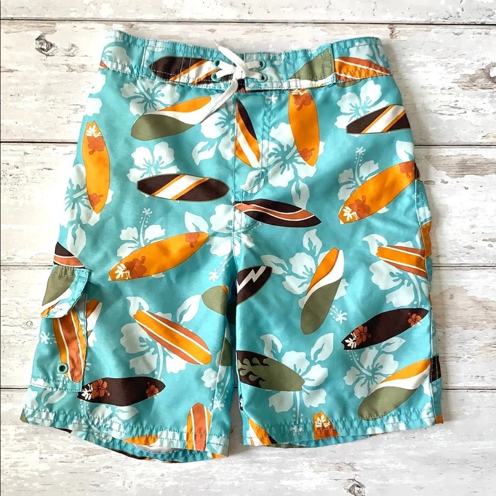 Gymboree Boys 4T Swimsuit Swim Trunks Shorts Summer Teal Surfboard Print Size 4